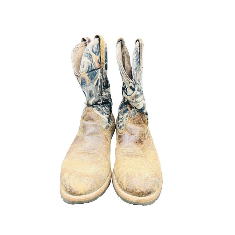 🤠 Ariat men 8.5D Camo Western Cowboy Work Boots Distressed Leather Outdoor - Picture 5 of 9